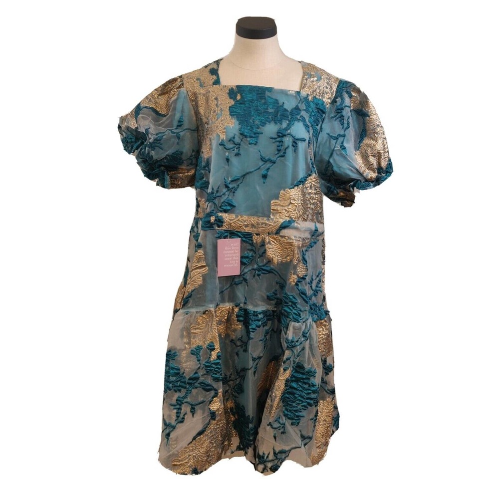 Vintage 90's DM Fashion NEW formal Dress Knee Length Puff Sleeves Teal Gold